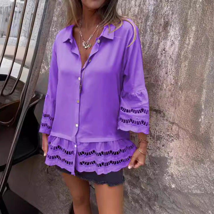 Lapel Long Sleeve Lace Ruffles Lotus Leaf Loose Shirt
