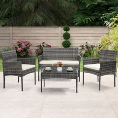 4-Piece Wicker Bistro Set with Water-Resistant Cushioned Chairs, Coffee Table, and Loveseat – Ideal for Outdoor Dining