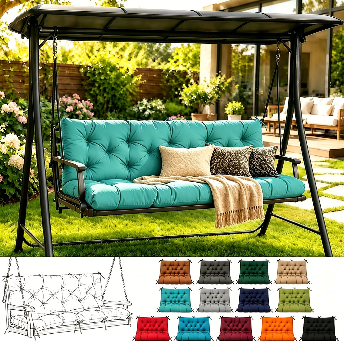 Porch Swing Cushions, Outdoor Replacement Cushions with Backrest, Waterproof Bench Cushion with Ties, for Patio Porch Garden Backyard, 5In 60 Inch 3 Seater, Sky Blue 60 X 40In 47 X 40In 40 X 40In