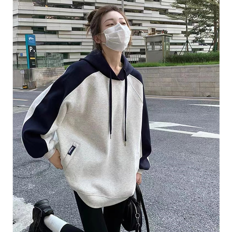 Retro Contrast Color Hooded Baggy Sweatshirt