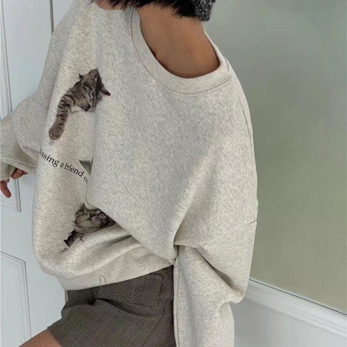 Cute Cat Print Thermal Round-Neck Sweatshirt