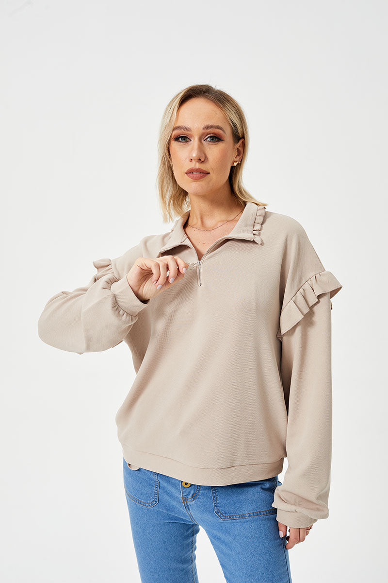 Women's Half Zip Ruffle Sweatshirt Casual Pullover