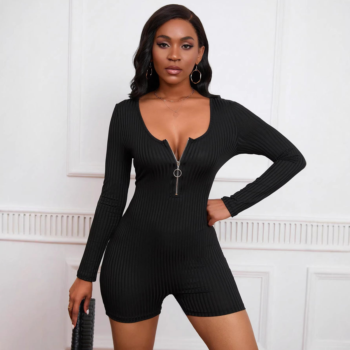 Fashionable Zippered Knitted Long Sleeve Jumpsuit