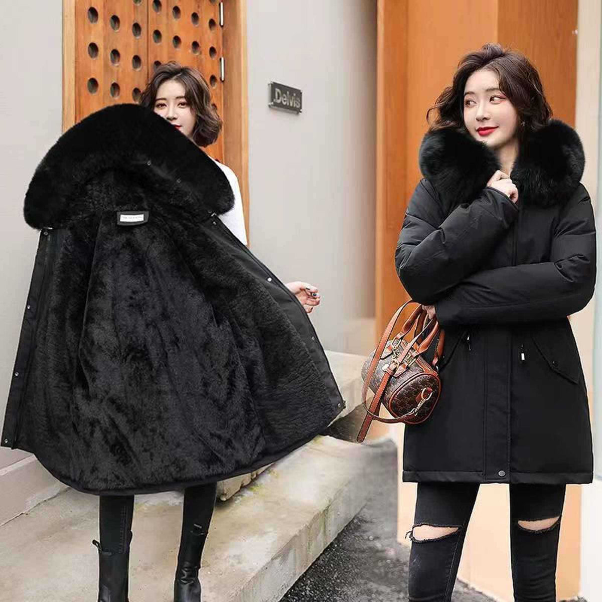 Long Style Large Fur Collar Fleece Lined Cotton Jacket Down Cotton Coat Outerwear