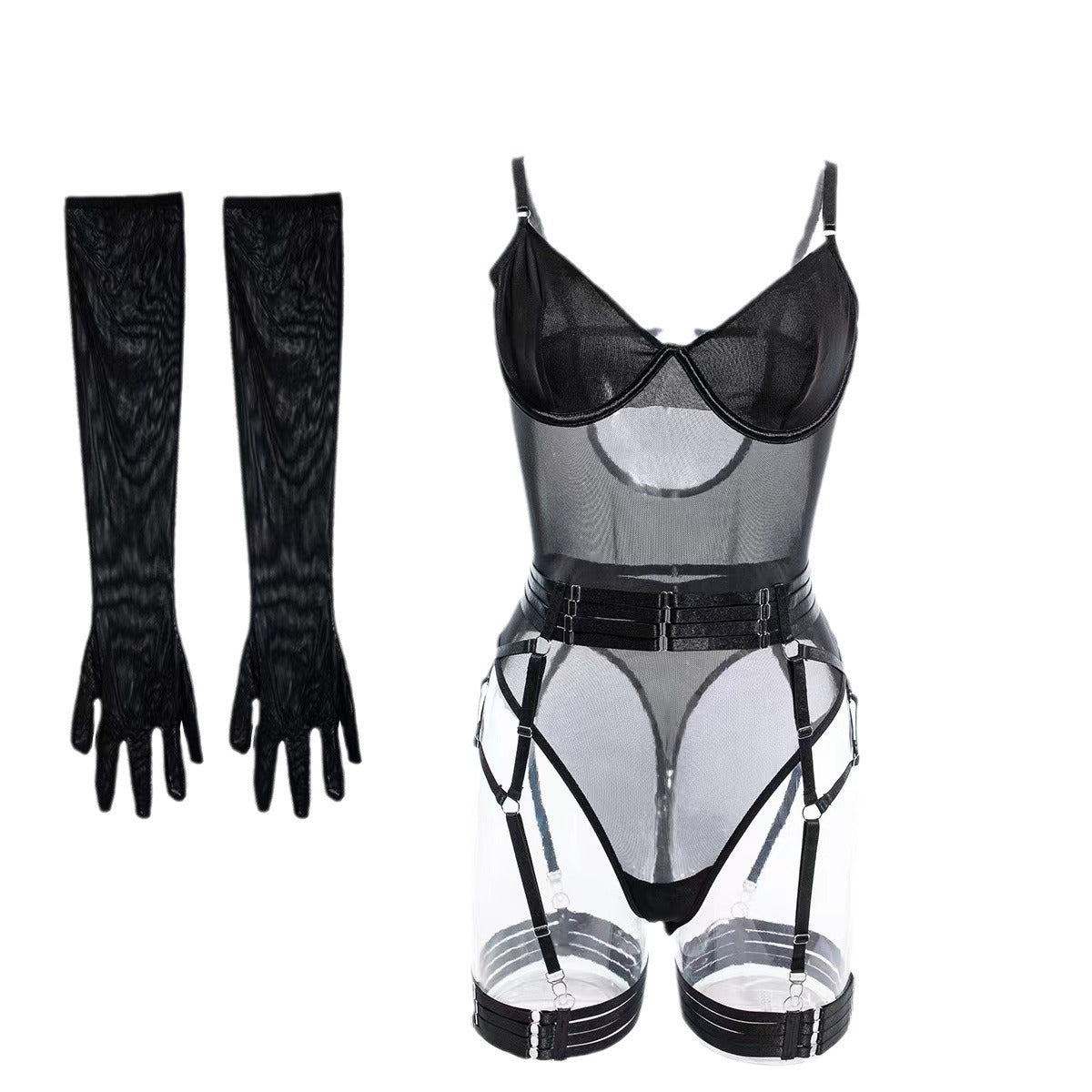 Sleek Mesh Stitching Sexy Jumpsuit with Gloves