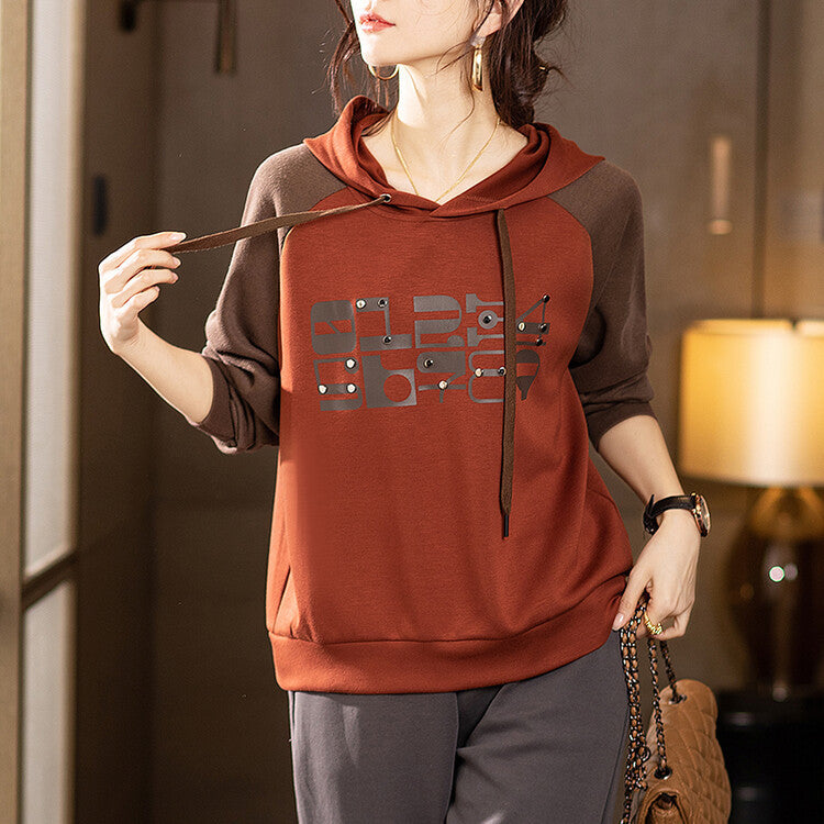 Women's Colorblock Pullover Hoodie with Letter Print