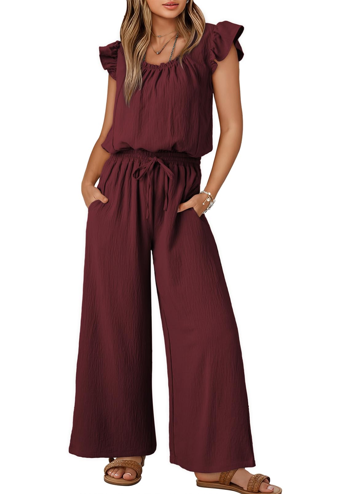 Chic Pleated Square Collar Camisole & Wide Leg Jumpsuit