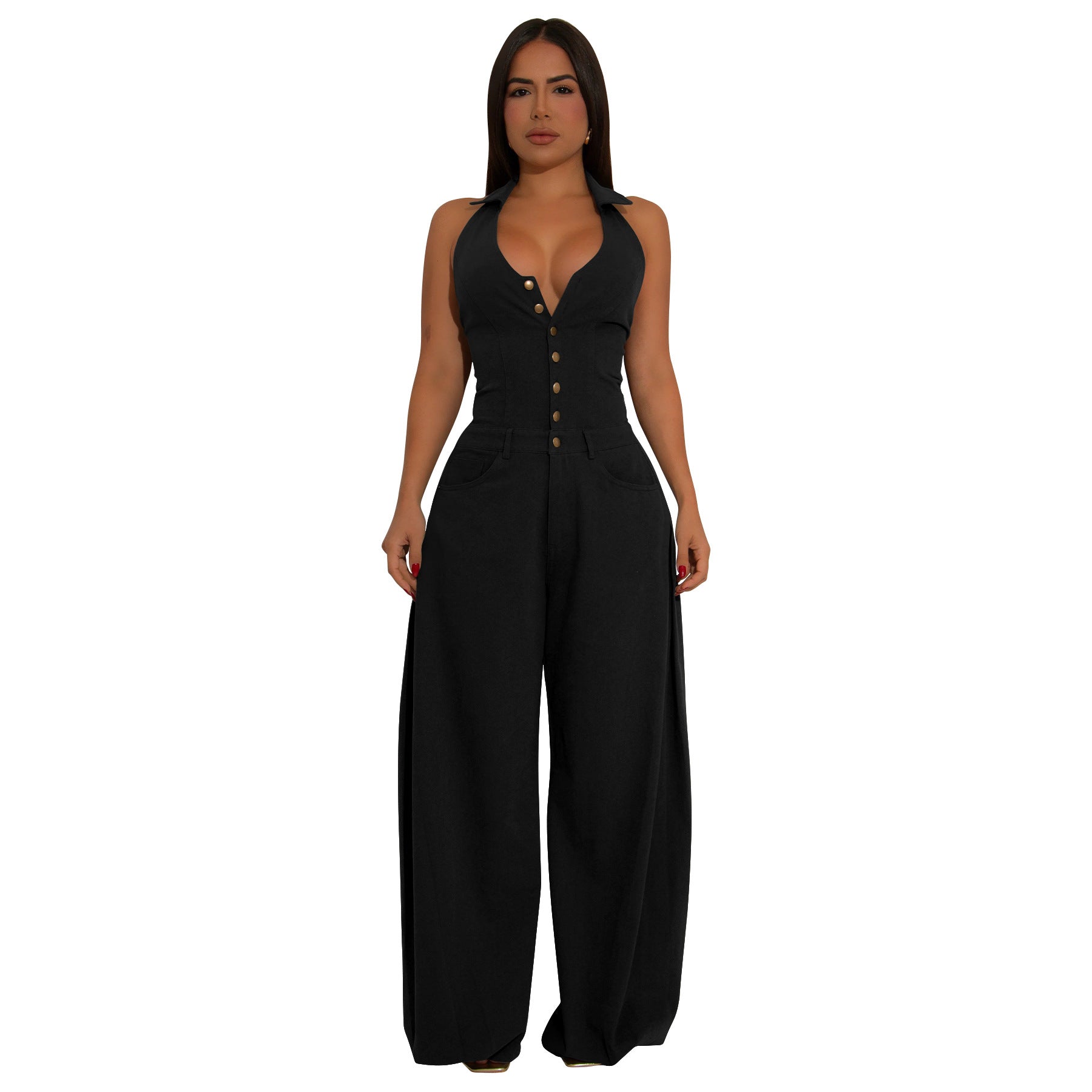 Fashionable Pocketed Sleeveless Backless Casual Jumpsuit