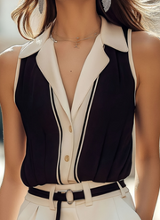 Slimming Color‑Block Sleeveless Top – French Retro Chic