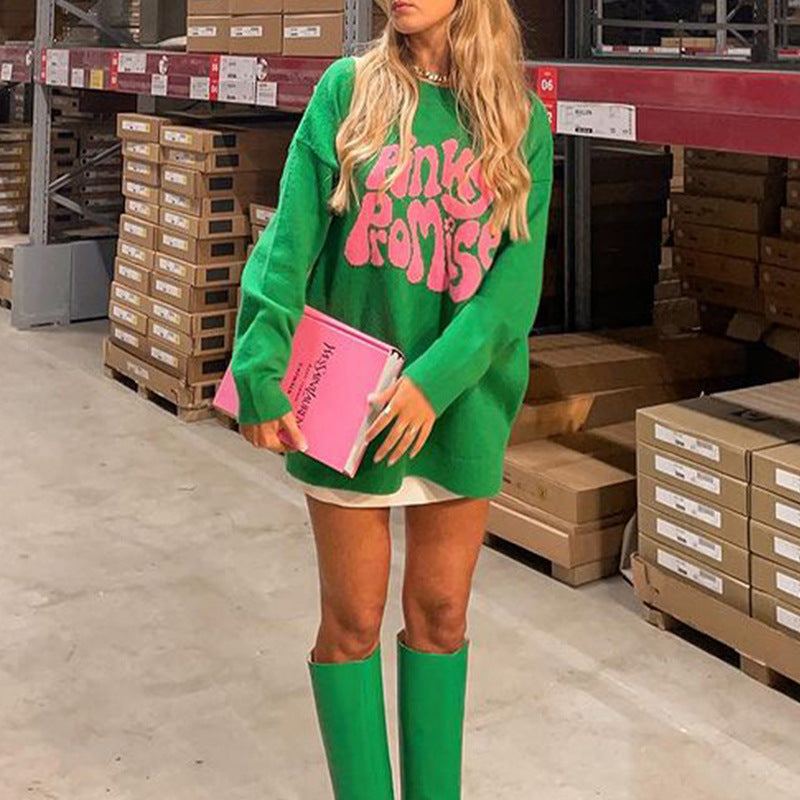 Round Neck Long Sleeve Letter Pattern Knitted Sweater Women's Pullover
