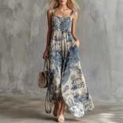 Womens Retro Blue Floral Square-neck Chiffon Maxi Dress