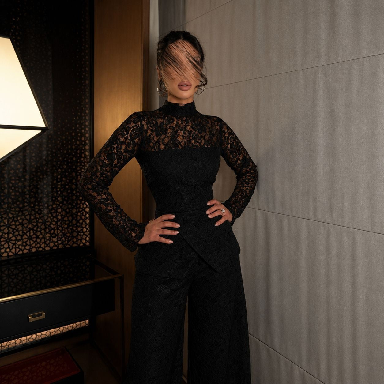 French Lace High-Neck Long Sleeve Jumpsuit