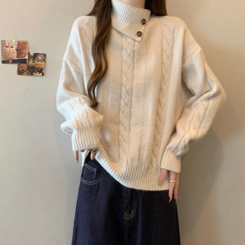 Womens Turtleneck Straight Shoulder Cableknit Sweater
