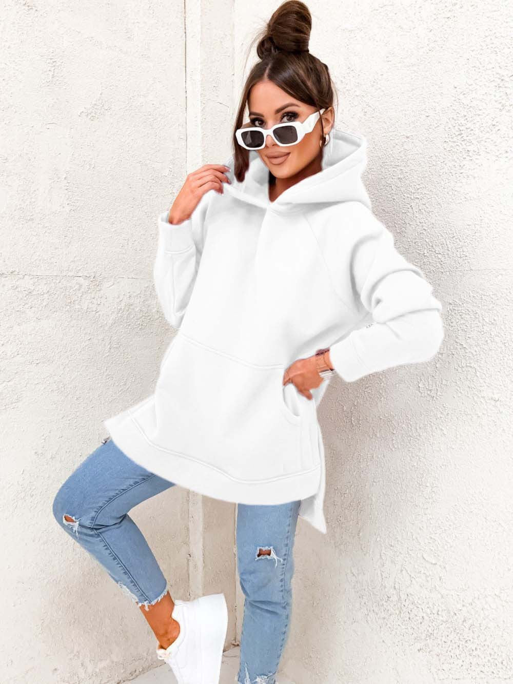 Women's Solid Color Casual Loose Hooded Sweatshirt