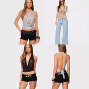 Sexy Glossy Knitted Halter Top – Backless, Sequined, Slim Fit