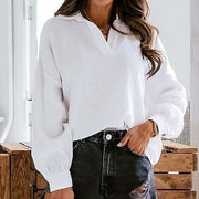 Solid Lapel Lantern Sleeve Casual Shirt