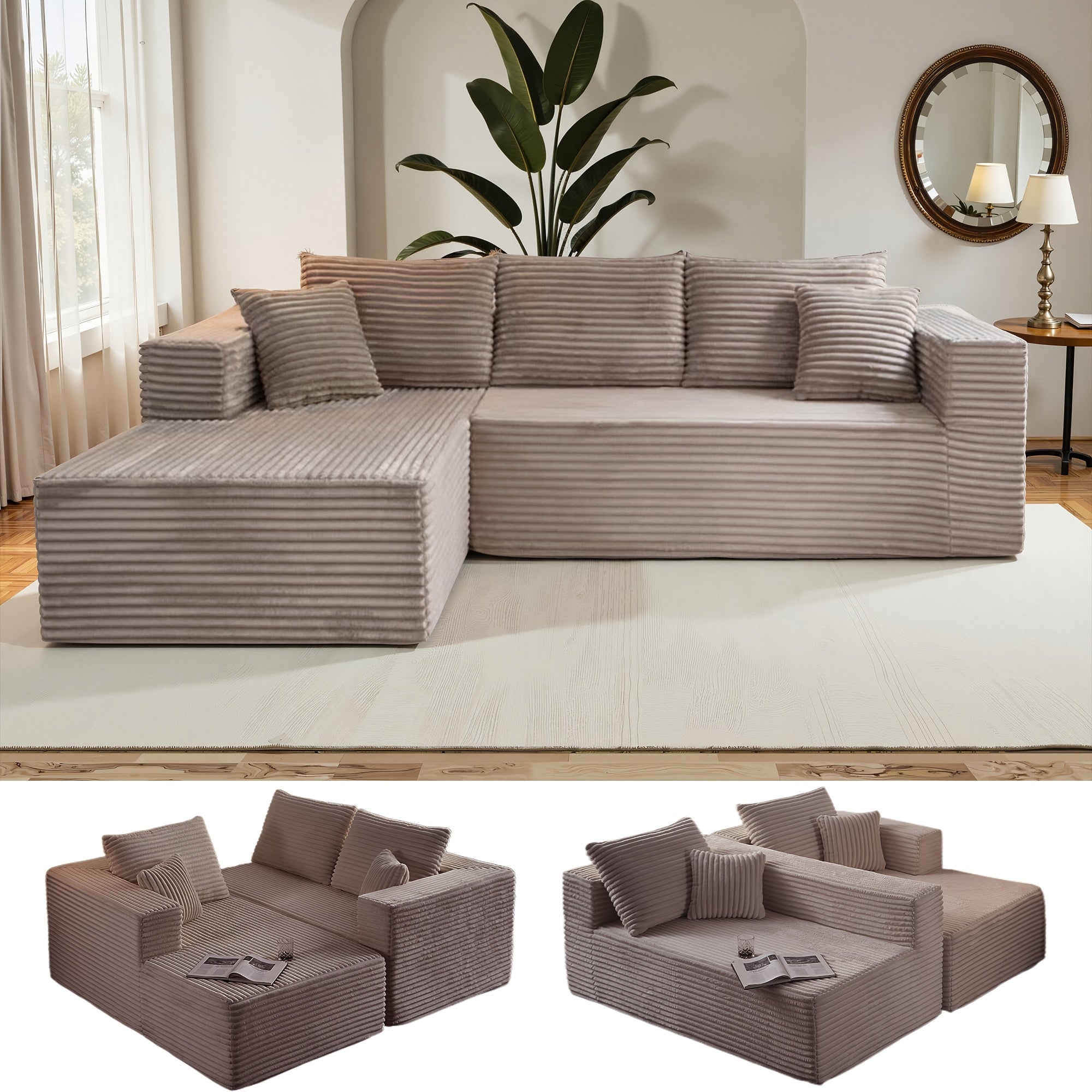 Modular L-shaped chaise longue sofa bed with deep seat and corduroy upholstery