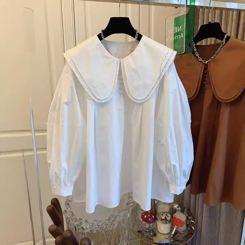 Women's Doll Collar Lantern Sleeve Shirt Top
