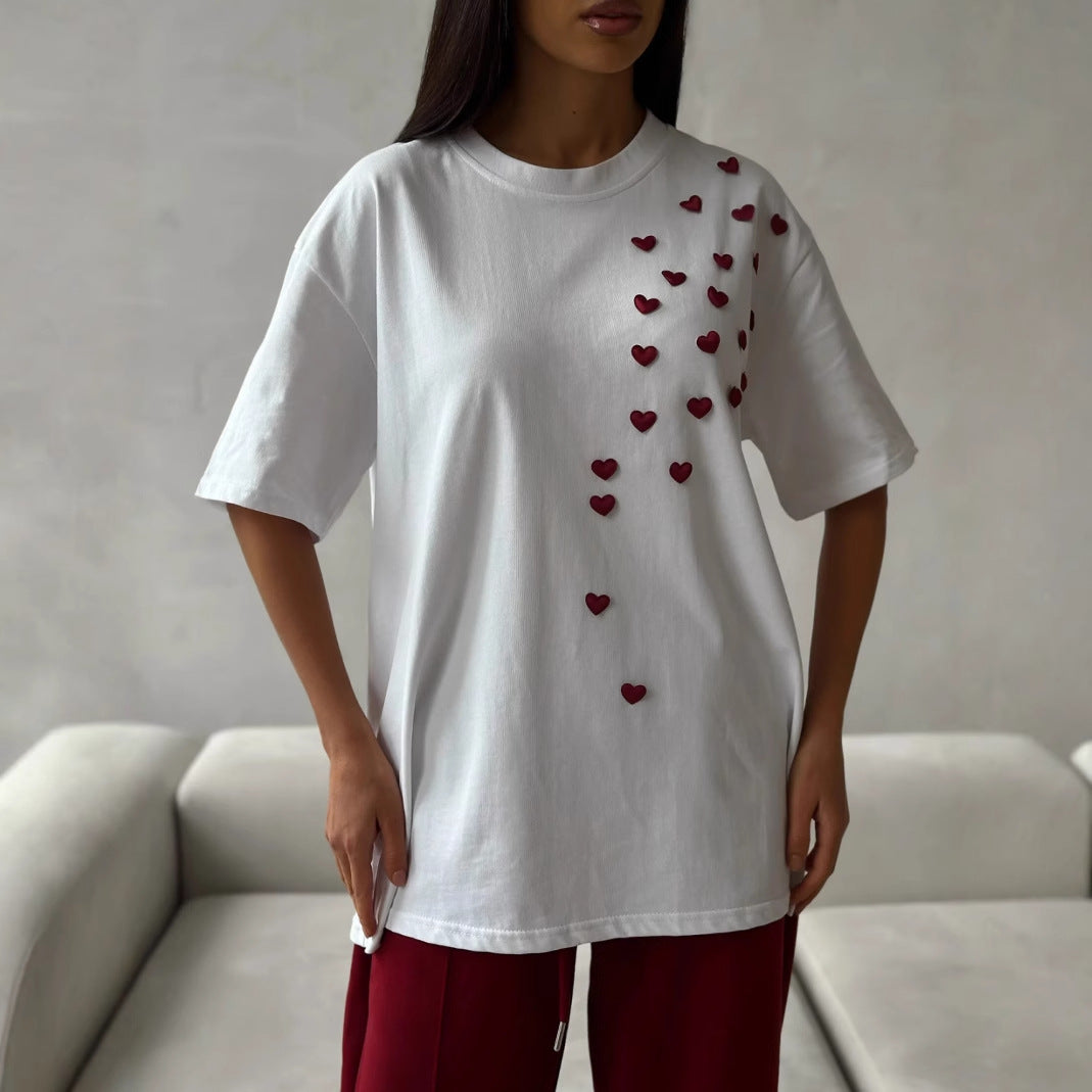 Love Embroidered Short-Sleeve Shirt – Casual Round Neck, White