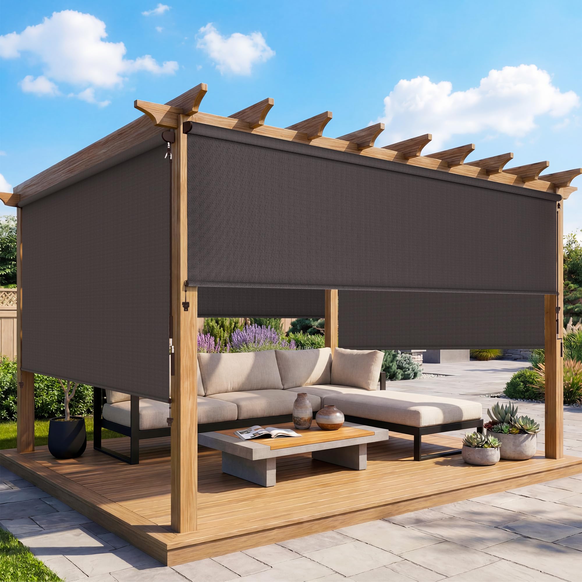 10'W X 8'H Outdoor Roller Shade, 95% UV Protection 420GSM New Material Sun Shades, Cordless Aluminum Outdoor Blinds with Crank Handle, Privacy Protection Patio Shade for Outdoor Patio