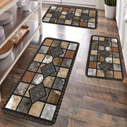 2/3pcs Kitchen Mat Set, Classic Geometric Stone Mat, Retro Country Style Mat, Farmhouse Kitchen Decor Small Mat, Flannel Material, Soft and Comfortable, Suitable for Bedroom, Living Room, Dining Ro...