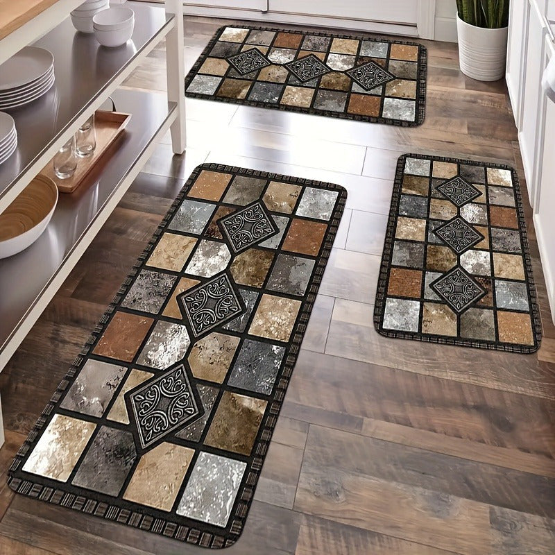 2/3pcs Kitchen Mat Set, Classic Geometric Stone Mat, Retro Country Style Mat, Farmhouse Kitchen Decor Small Mat, Flannel Material, Soft and Comfortable, Suitable for Bedroom, Living Room, Dining Ro...