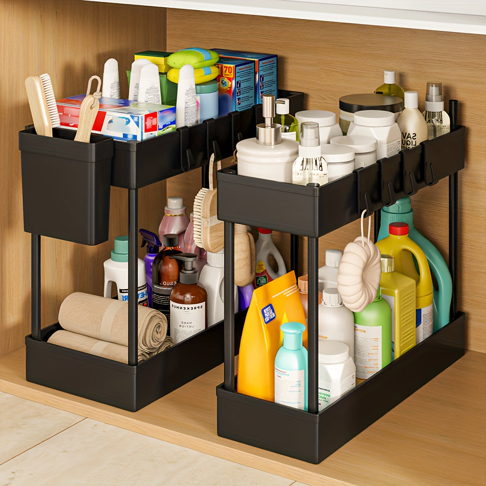 2 Pack Heavy-Duty Under Sink Organizer with Sliding Shelves & 8 Hooks