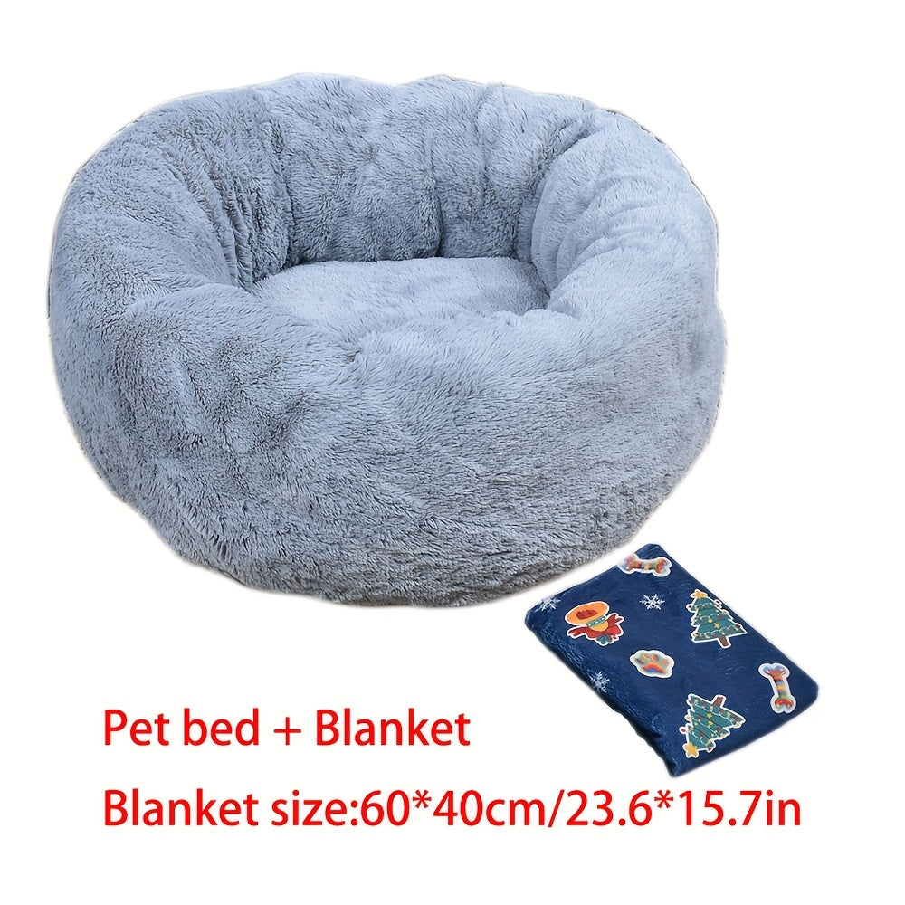 2Pcs Plush Dog & Cat Bed, Winter Warm Pet Round Nest For Small Pets + Christmas Floral Blanket (23.62*15.75Inch), Pet Bed, Cozy Pet Nest, Floral Design, Festive Pet Accessory, Plush Material, Cat L...