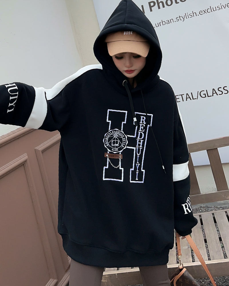 Women's Embroidered Velvet Padded Hooded Sweatshirt