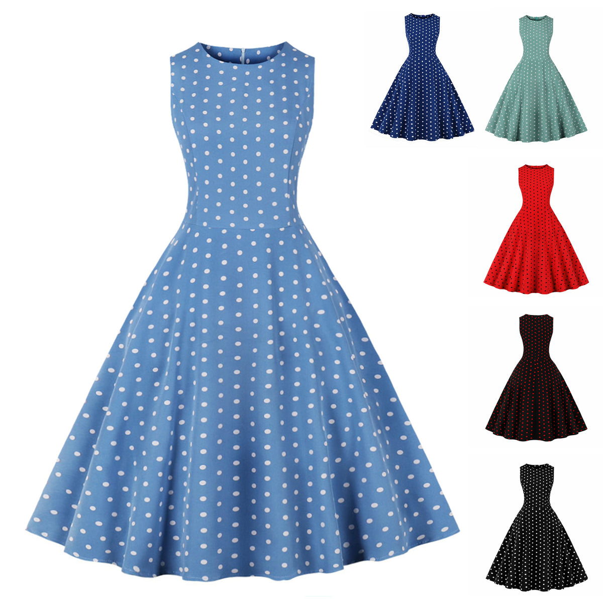 Retro Summer Round-neck Sleeveless A-line Dress with a Small Polka-dot Print and a Slim Fit