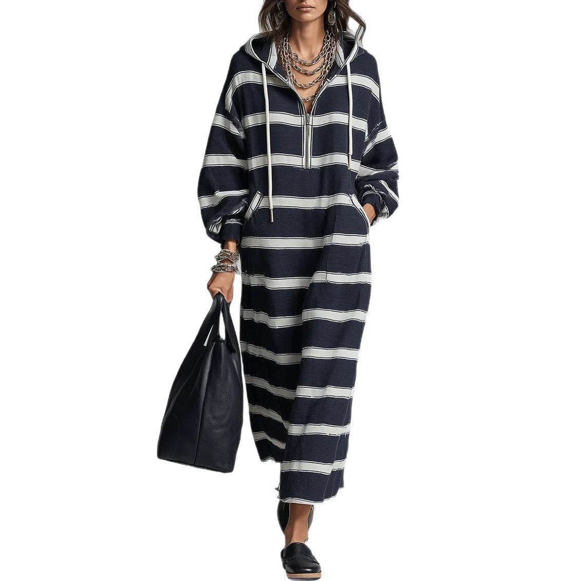 Women's Half-Zip Loose Printed Hoodie Dress