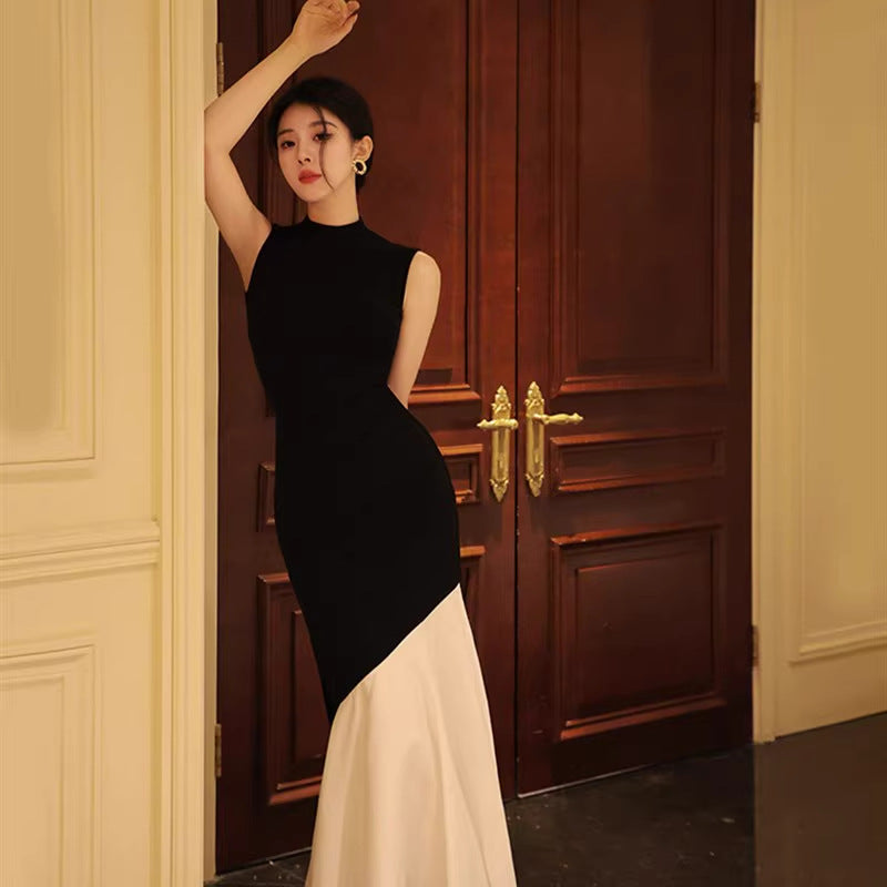 New Black Womens Summer Sleeveless Spliced Slim-fit Elegant Fish-tail Knit Maxi Dress