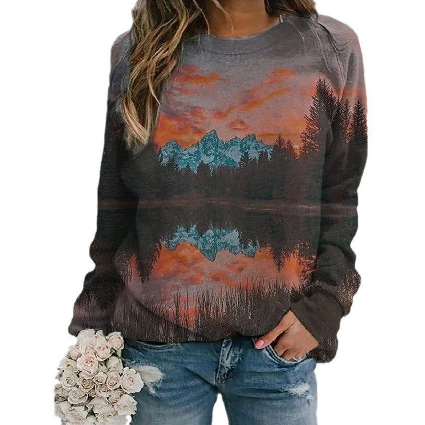 Floral Landscape Print Long Sleeve Streetwear Pullover