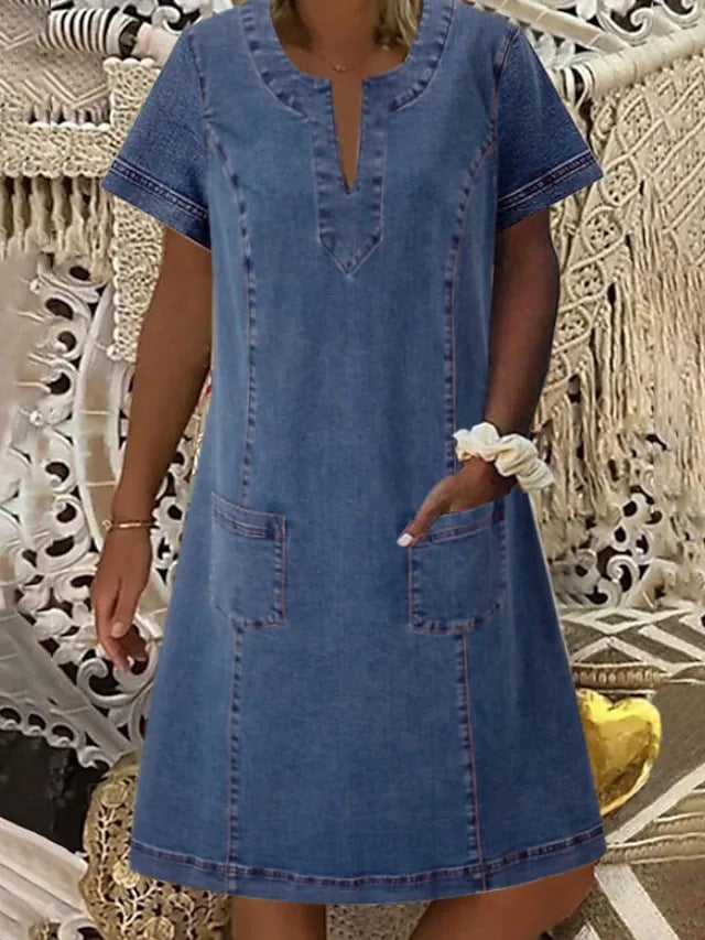 T-selling New Women's V-neck Pleated Pocket Short-sleeve Denim Dres…