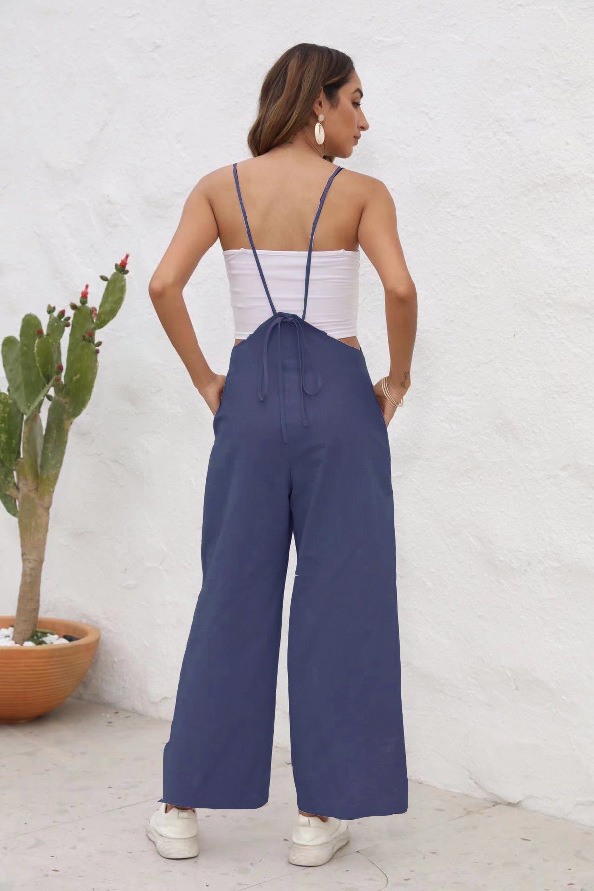 Women's Casual Cotton Linen Solid Sleeveless Jumpsuit