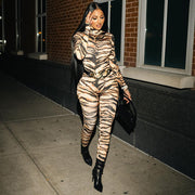 Women's Tiger Print Turtleneck Bodycon Jumpsuit