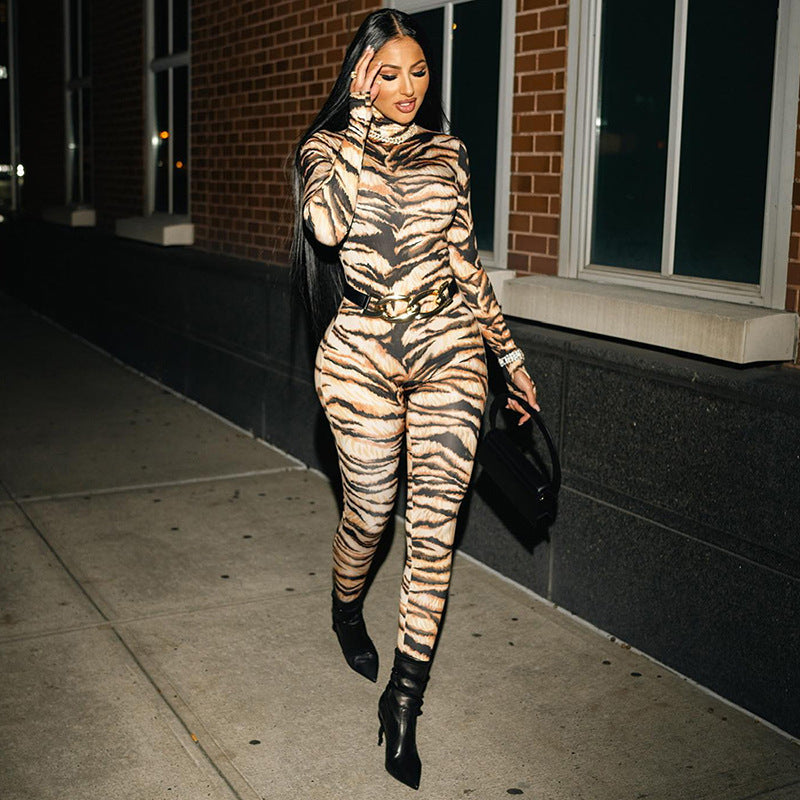 Women's Tiger Print Turtleneck Bodycon Jumpsuit