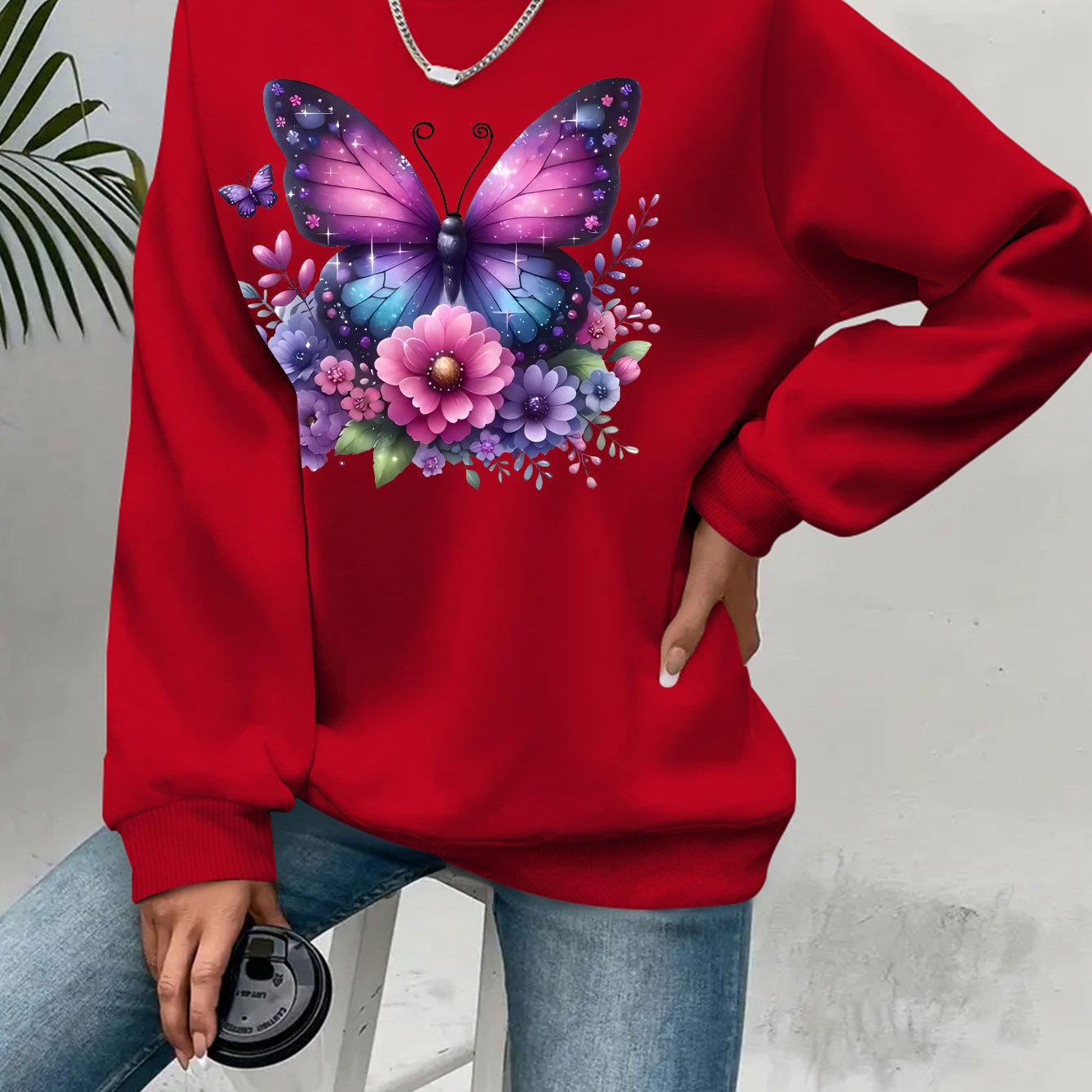 Plus Size Soft Purple‑Blue Butterfly Floral Print Long Sleeve Round Neck Sweatshirt