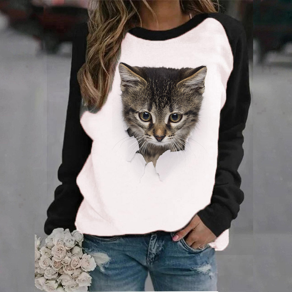Cute Animal Print Crew Neck Sweatshirt for Women