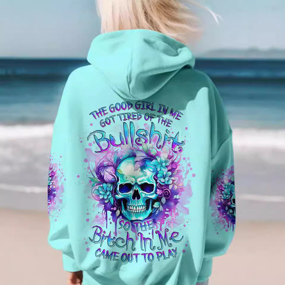 Trendy Green Skull Pullover Hoodie for Women