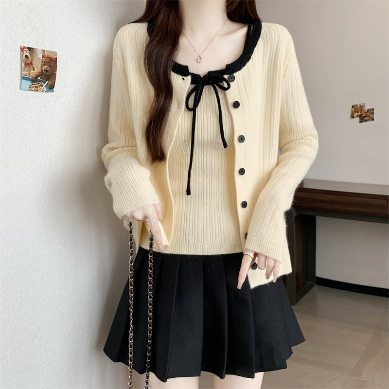 College Style Knitted Cardigan with Suspenders Women's Sweater