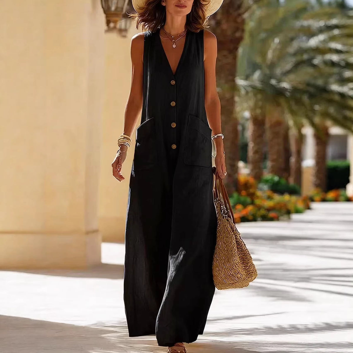 Cotton Linen Sleeveless Wide-Leg Jumpsuit with Pockets