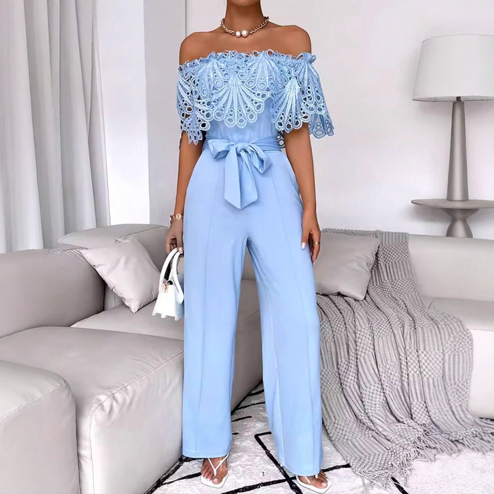 Womens Fashionable Sexy Off-Shoulder Jumpsuit With Ruffled Hem