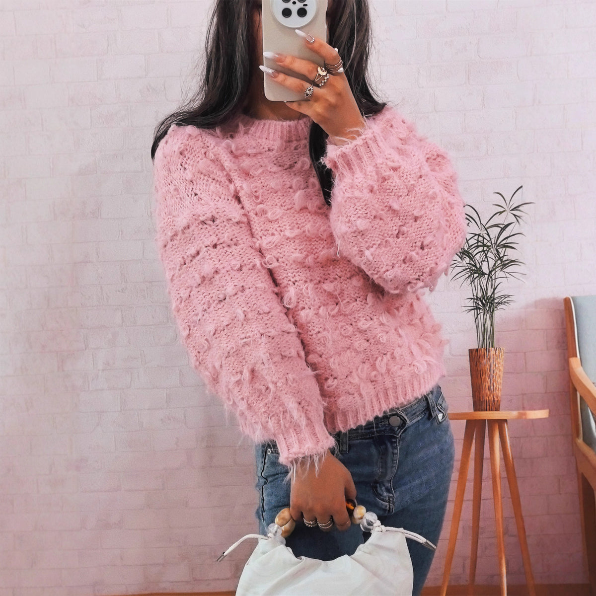 Casual Thickening Knitted Solid Color Round Neck Loose Sweater for Women
