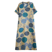 Womens Retro Loose V-neck Cotton-linen Plus-size Long Dress