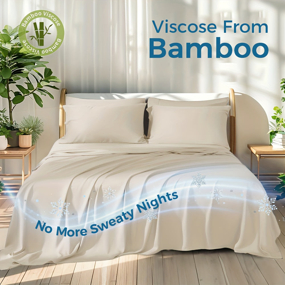 100% Viscose Derived From Bamboo Sheets Queen Size - Ultra Soft & Luxuriously Cooling, 17\" Deep Pocket, Double Stitching, Perfect For Hot Sleepers - Queen Bed Sheets