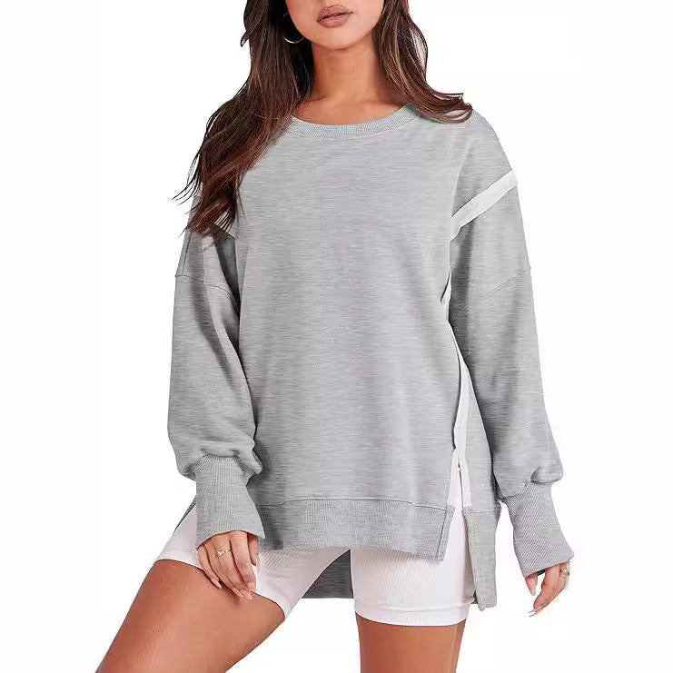 Frayed Hem Split Patchwork Long Sleeve Sweater