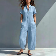 Linen-Blend Short-Sleeve Wide-Leg Jumpsuit