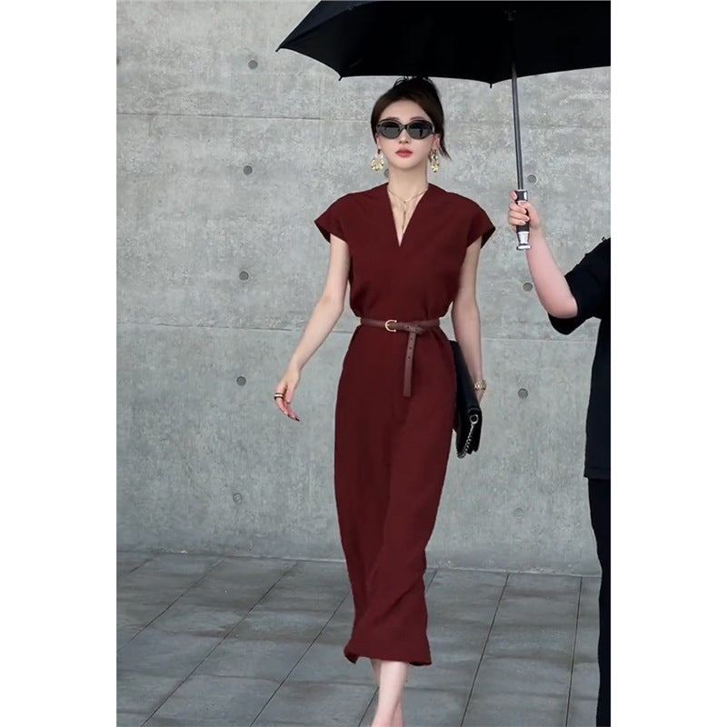 Wine-Red Silk Cotton A-Line Summer Dress with Belt