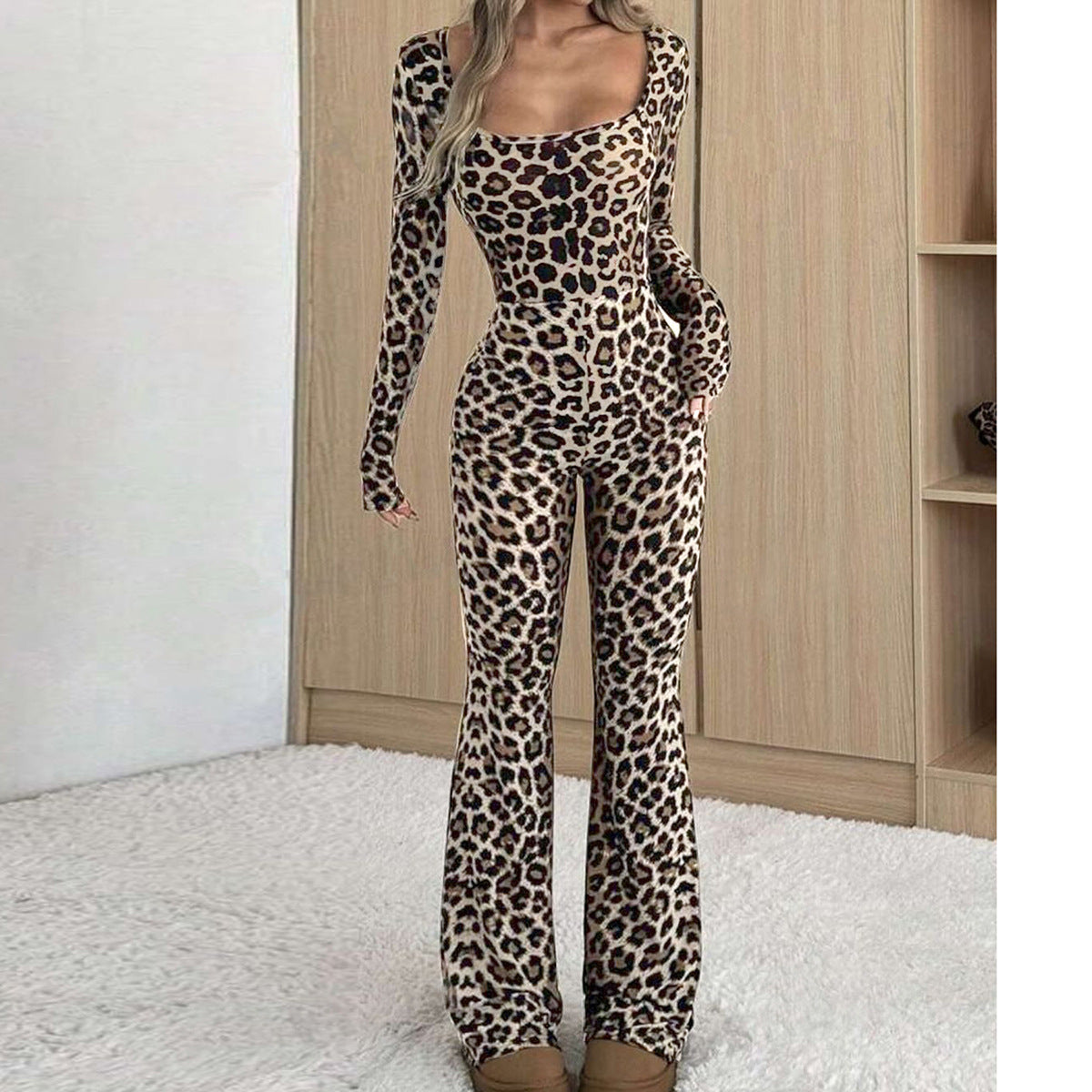 Leopard Print Square Collar Slim-Fit Jumpsuit